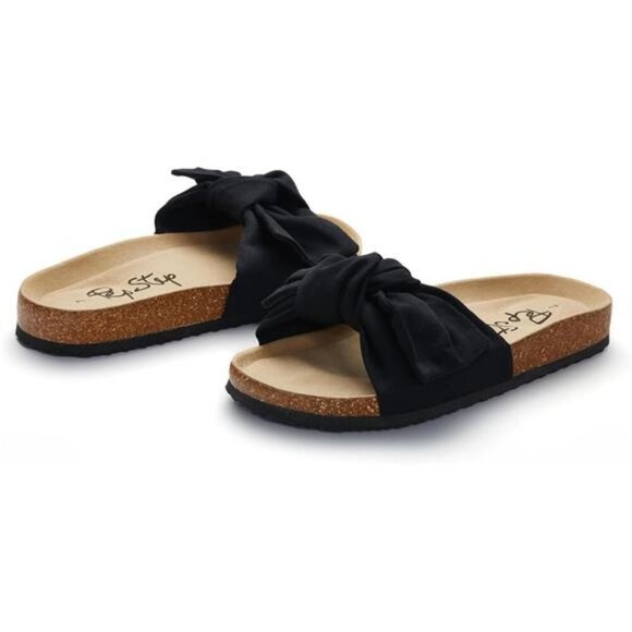 Women Slide Sandals with Bow Slip On Flat Summer Cork Footbed Comfy Shoes - Picture 5 of 7